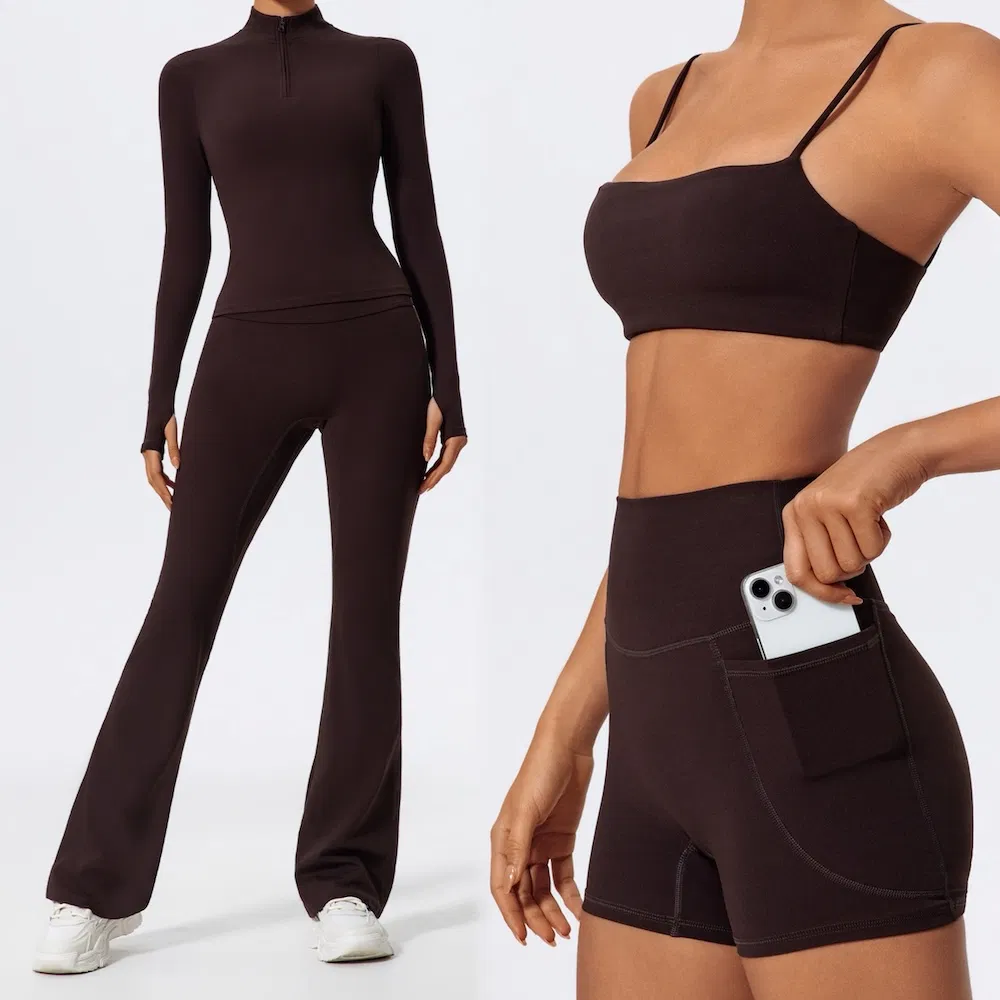 Conjunto de Treino Personalizado com Logo Tianchen 4PCS de Alta Qualidade, Respirável, Roupas de Academia para Mulheres, Sutiã Esportivo + Pulôver de Fitness + Shorts de Corrida + Calças de Yoga Flare