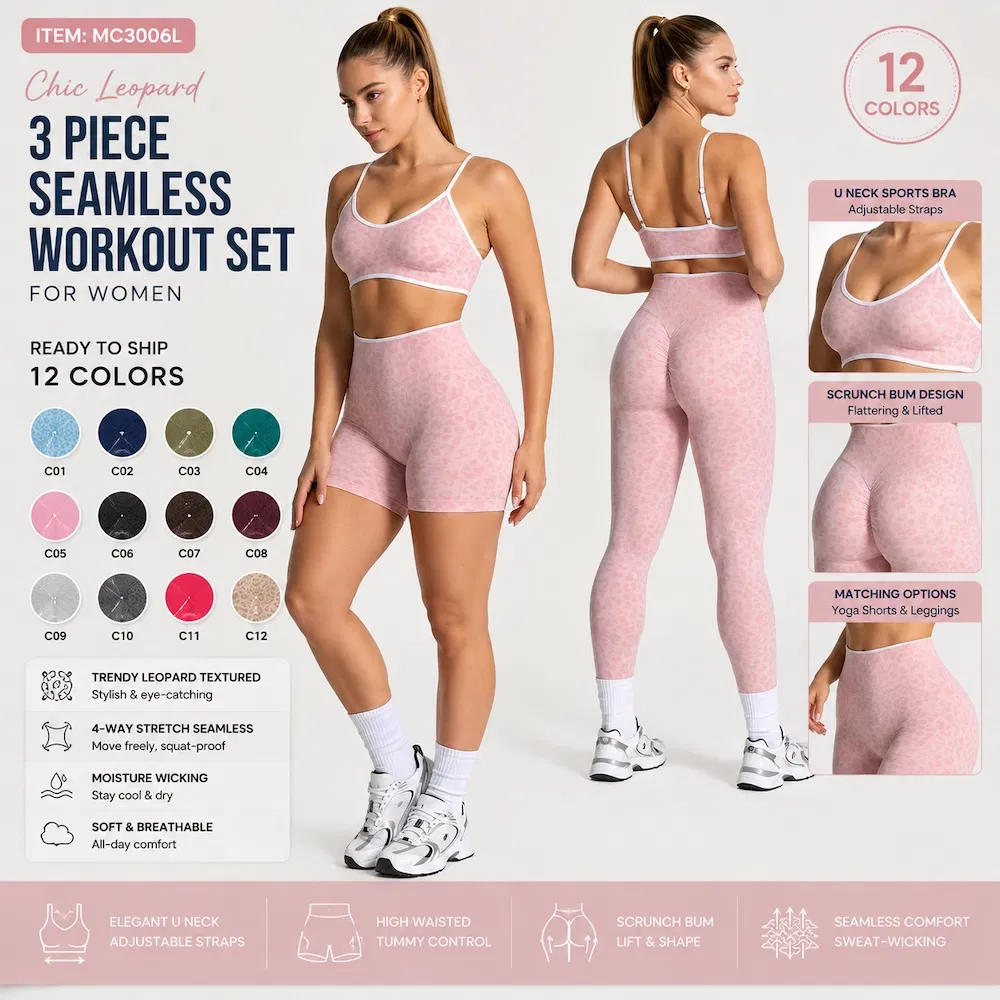 Conjunto de Roupas de Ginástica e Fitness com Estampa de Leopardo 3 para Mulheres, Shorts de Cintura Alta + Leggings de Yoga + Sutiã Esportivo