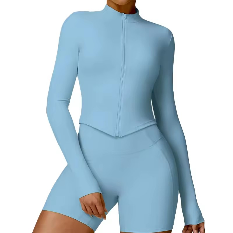 Conjunto de Roupas Ativas Casuais para Academia 2 Peça de Nylon com Mangas Longas, Top Halter, Shorts de Fitness para Mulheres Correndo