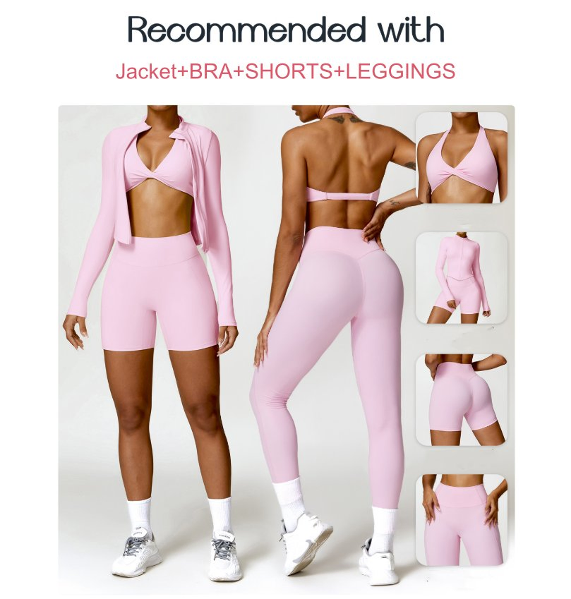 Conjunto de Roupas Ativas Casuais para Academia 2 Peça de Nylon com Mangas Longas, Top Halter, Shorts de Fitness para Mulheres Correndo