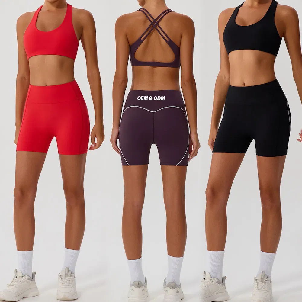 Roupas de Fitness Sexy Novas Tendências Conjunto de Roupas de Ginástica em Bloco de Cores para Mulheres, 3 Estilos Sutiã Esportivo + Shorts Biker + Leggings de Corrida 5PCS Conjunto de Yoga para Treino Combinar