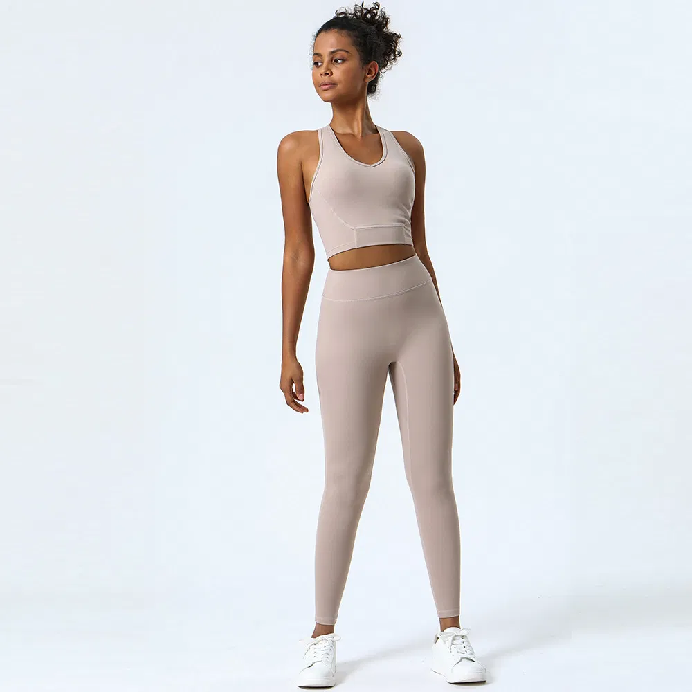 Conjunto de Top Sem Mangas e Leggings para Mulheres com Design de Malha Respirável para Yoga e Corrida