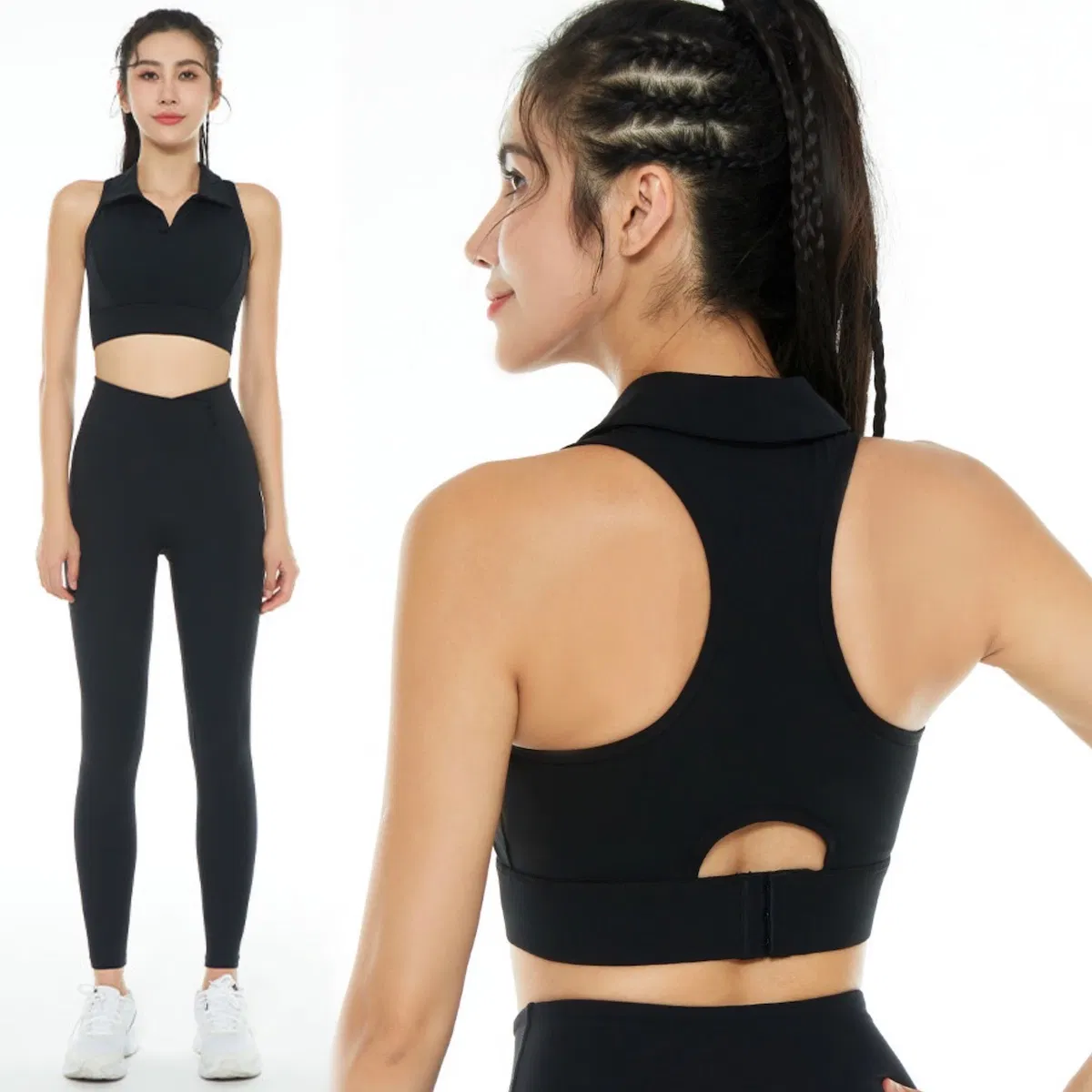 Fábrica Tianchen Novo Design Roupas de Ginástica Femininas Premium, Top Cropped com Gola Polo + Leggings com Cintura Cruzada Conjuntos de Treino Roupas para Caminhada
