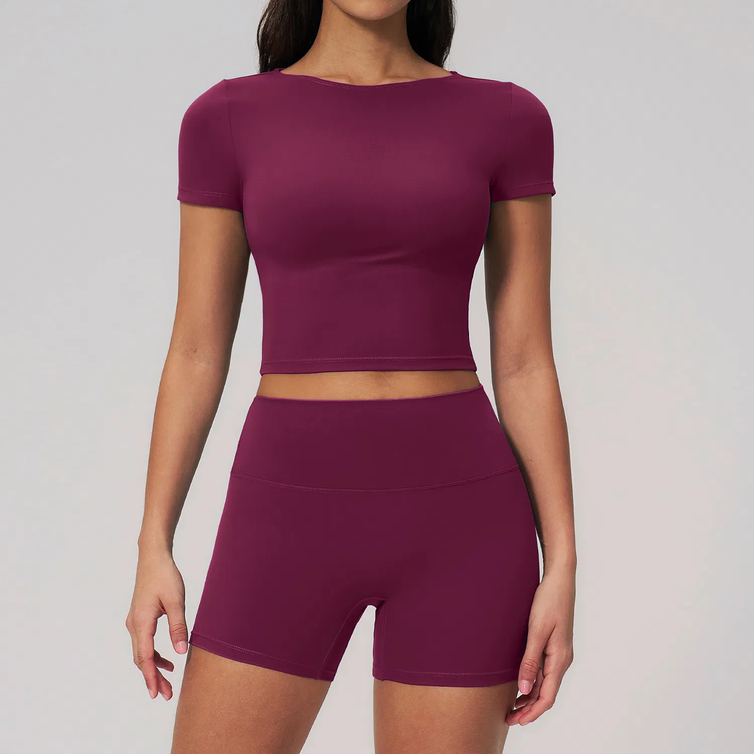 Conjunto de Top de Yoga Cortado e Shorts de Cintura Alta para Mulheres, Roupa de Fitness, Tecido que Remove o Suor, Roupas de Academia, Design Sem Costura, Ajuste Confortável, Compre Online, Frete Grátis