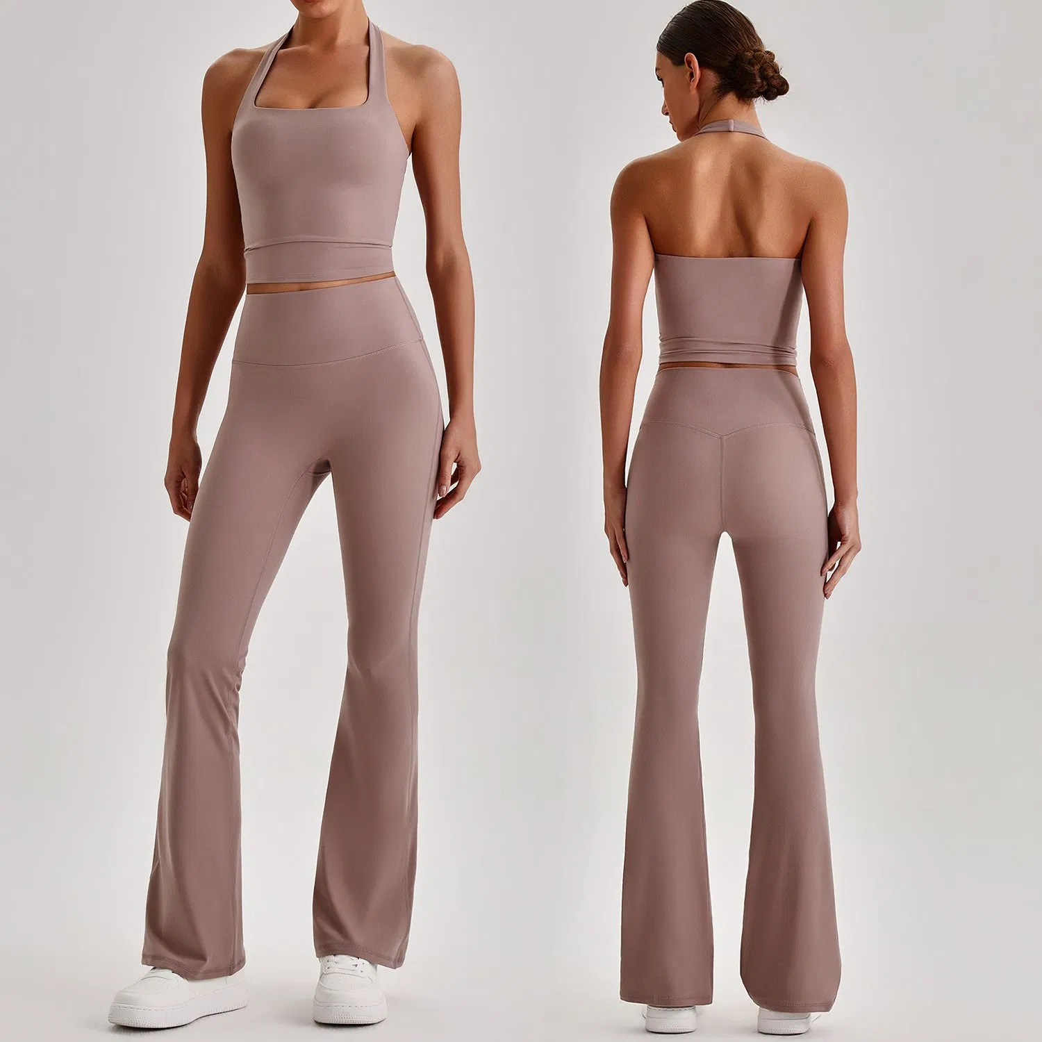 Conjunto de Yoga Feminino Personalizado de 2 Peças com Top Cropped de Decote Halter Costas Nuas e Leggings de Cintura Alta com Pernas Largas 4 Com Stretch de Duas Maneiras e Respirável para Treino na Academia