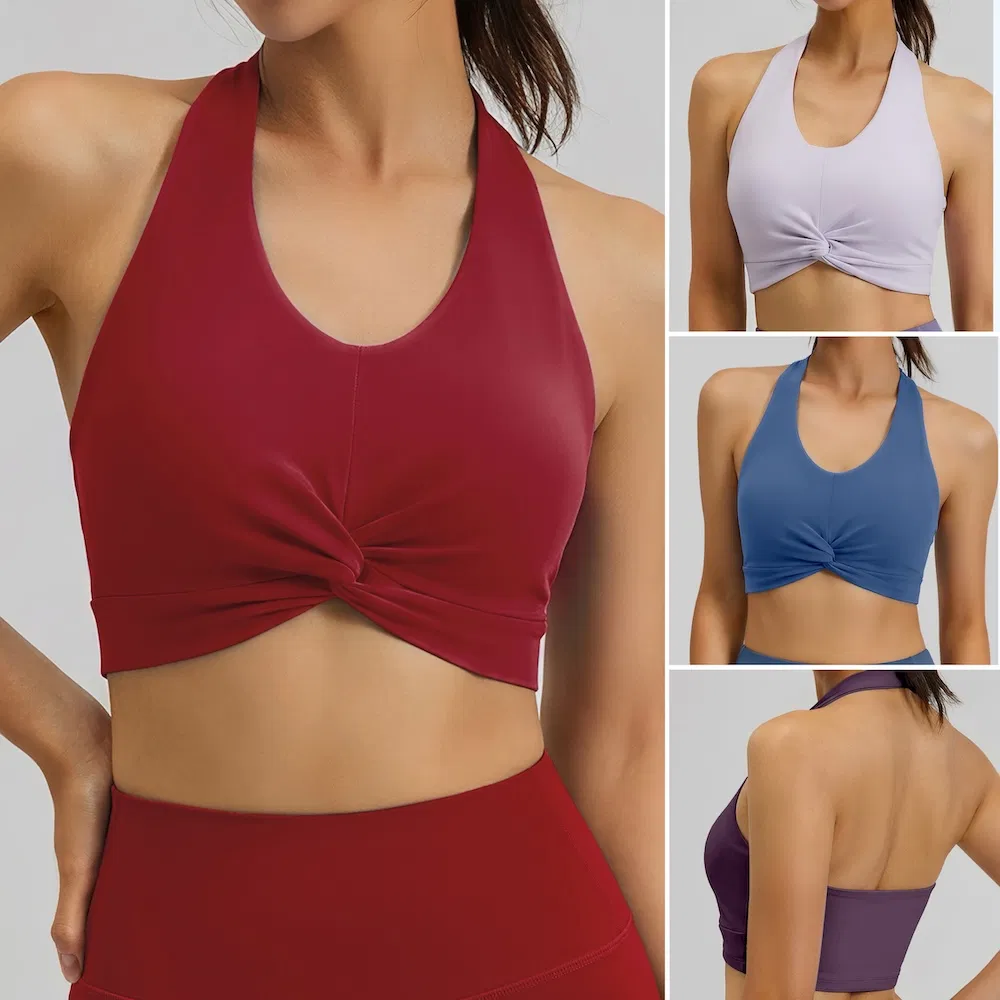Roupas de treino sexy sem costas para fabricação original, sutiã esportivo com almofadas removíveis, blusa de exercício halter de nylon e spandex premium para mulheres