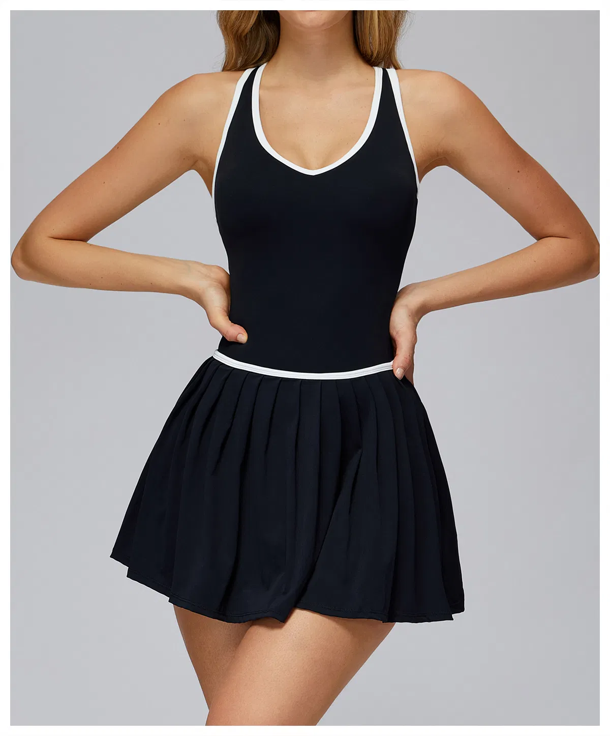 Vestido de Tênis Feminino de Alta Qualidade para Esportes ao Ar Livre, Corrida, Fitness, Academia, Conjunto Falso de Duas Peças, Saia com Shorts Embutidos, Antiexposição, OEM, Atacado, Roupas Personalizadas