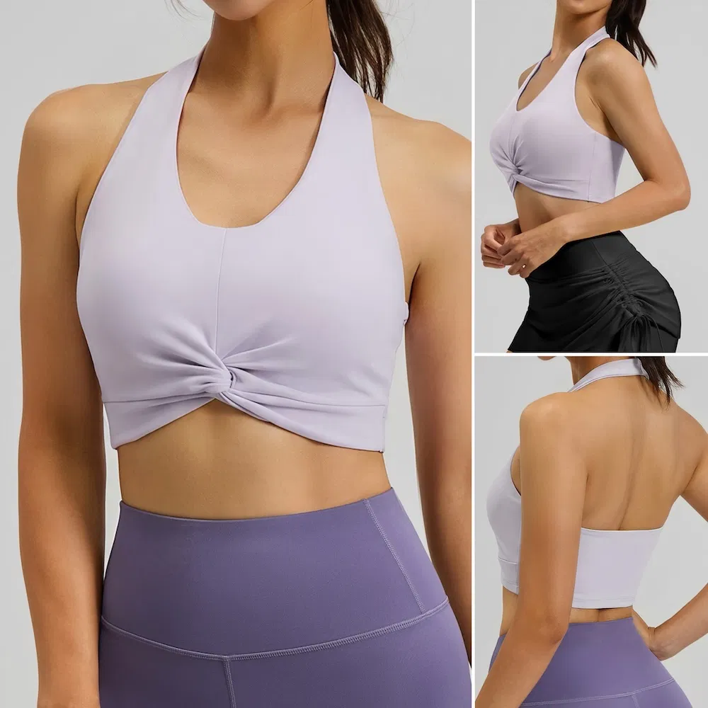 Roupas de treino sexy sem costas para fabricação original, sutiã esportivo com almofadas removíveis, blusa de exercício halter de nylon e spandex premium para mulheres