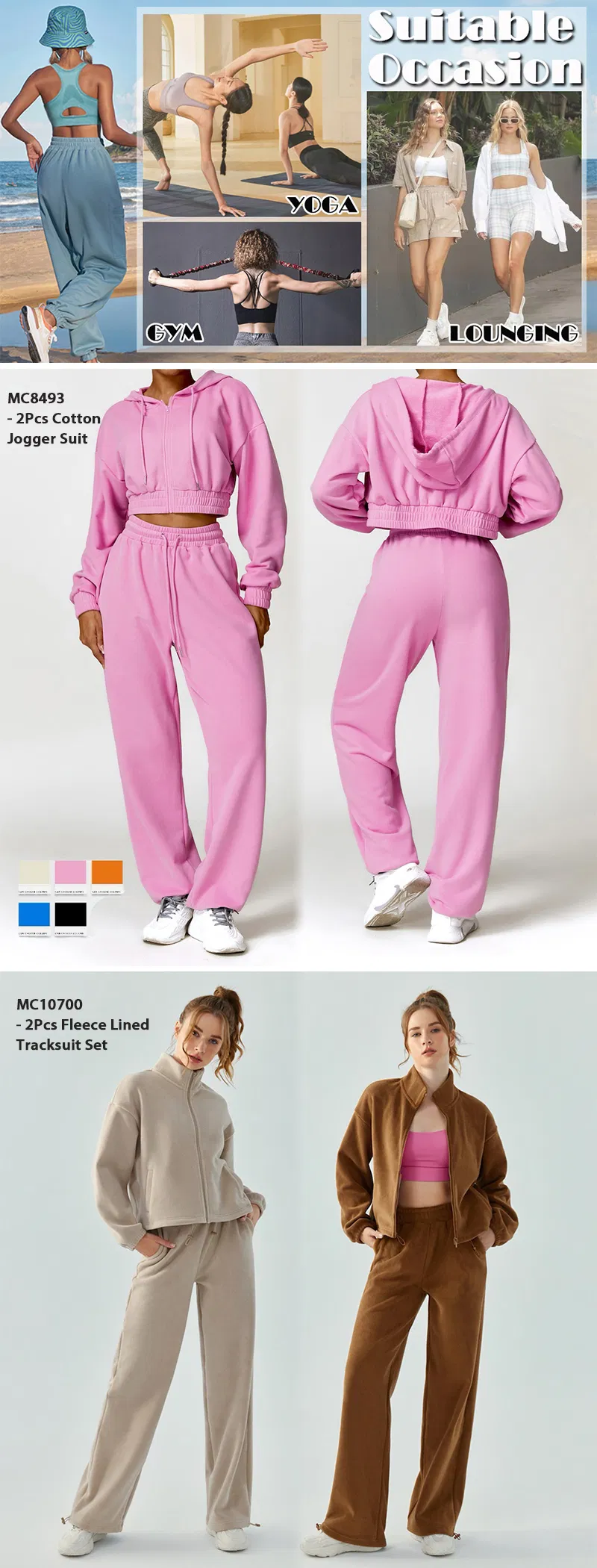 Conjuntos de moletom plus size forrados de fleece para atacado, roupas esportivas de ginásio, vestuário de rua personalizado, jaqueta casual com zíper + calças jogger, conjuntos de treino para mulheres