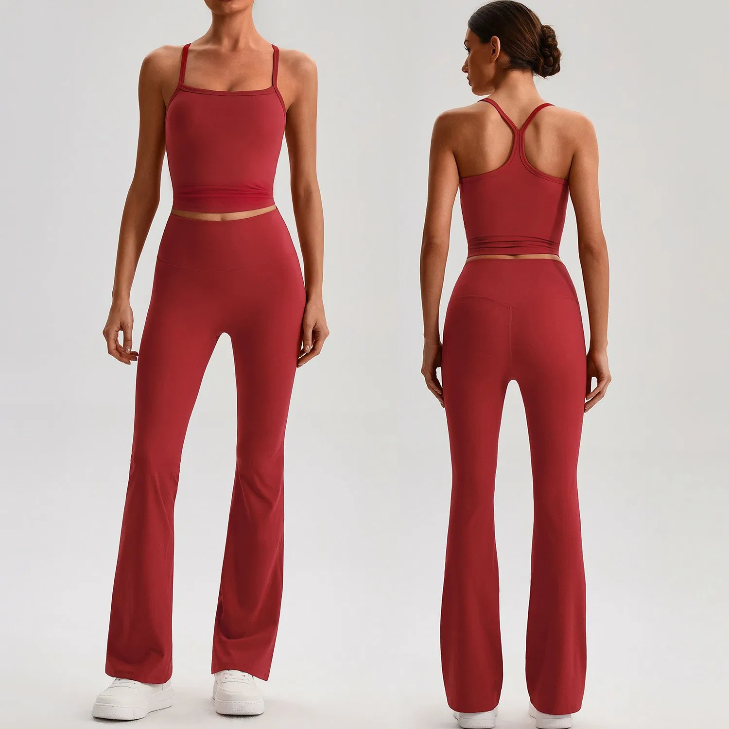 Conjunto de Roupas de Yoga Feminino com Top Cropped Y-Back e Leggings Flare de Cintura Alta 2 Pieces