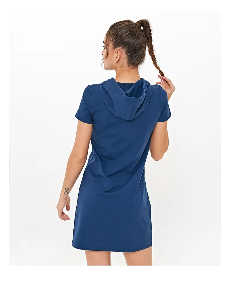 Vestido com Capuz em Alta Venda, Manga Curta, Vestido Casual, Roupas de Ginástica e Fitness