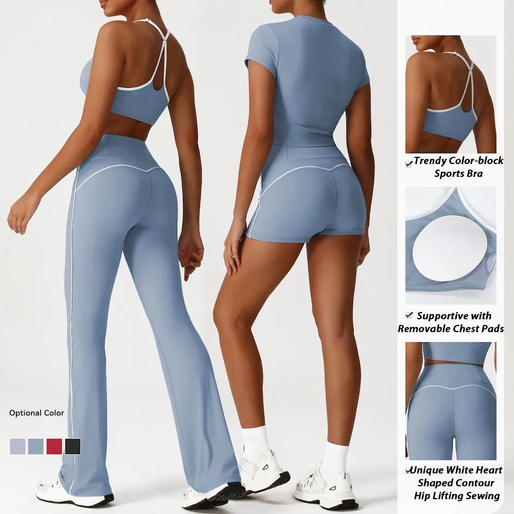 Roupas esportivas coloridas e modernas 6PCS para mulheres, blusa de yoga estilosa + shorts de ginástica de cintura alta + calças de treino flare para levantamento de quadril