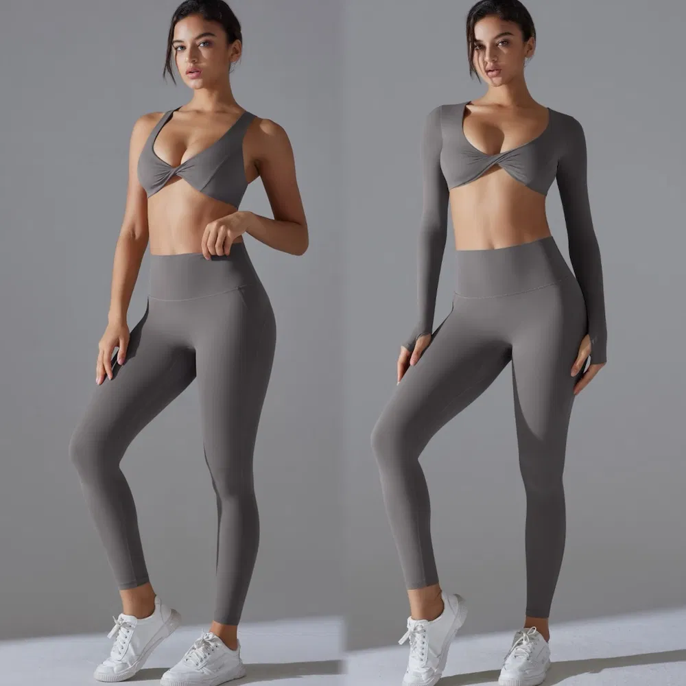 3PCS Conjunto de Roupas de Yoga e Pilates Sexy para Mulheres, Sutiã de Yoga com Push Up + Blusa de Manga Longa Cropped para Academia + Leggings de Corrida com Forro Antimicrobiano