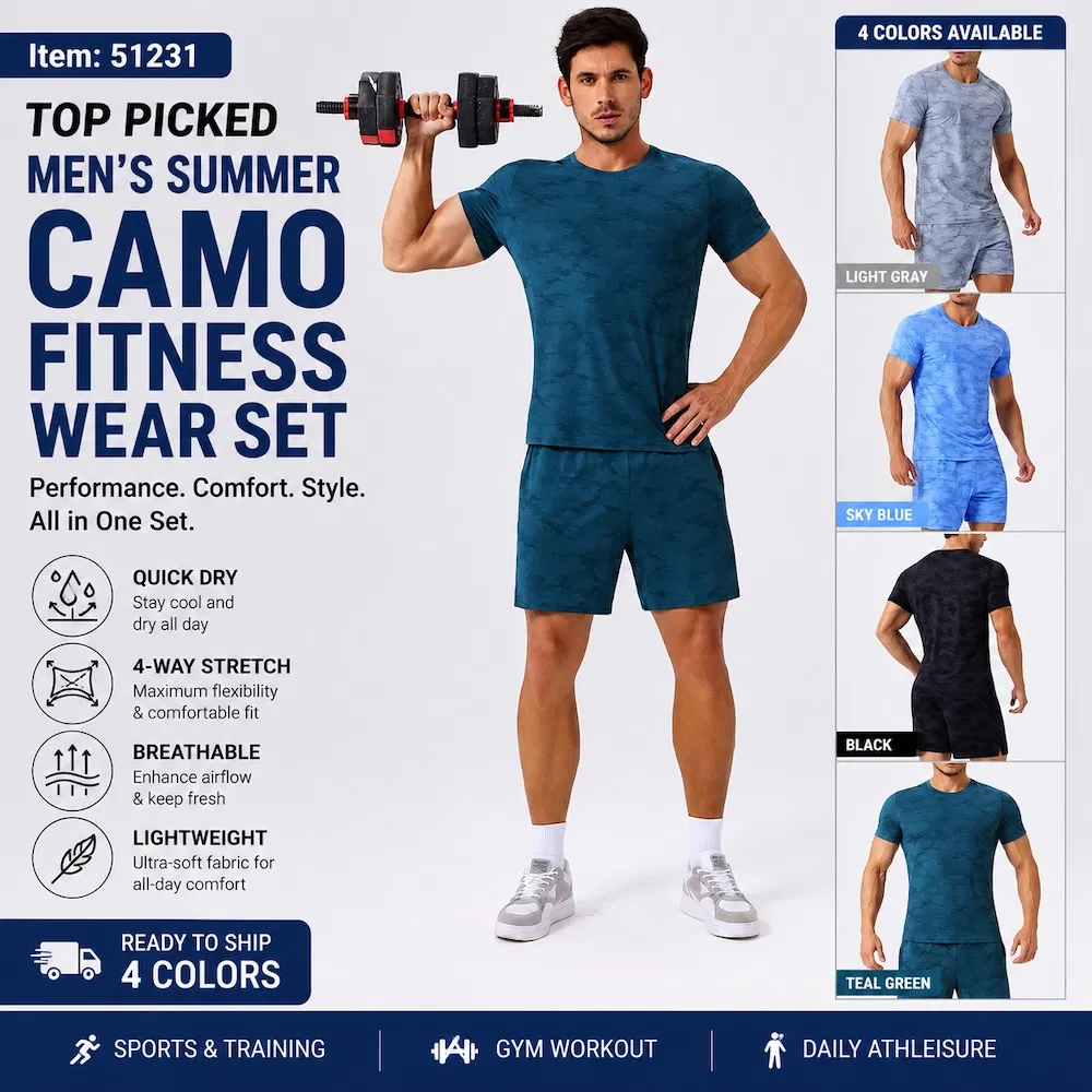 Conjunto de Verão Leve para Homens 2 Camiseta Esportiva com Padrão Camo + Shorts Atletas com Bolsos Laterais Roupa Ativa para Academia