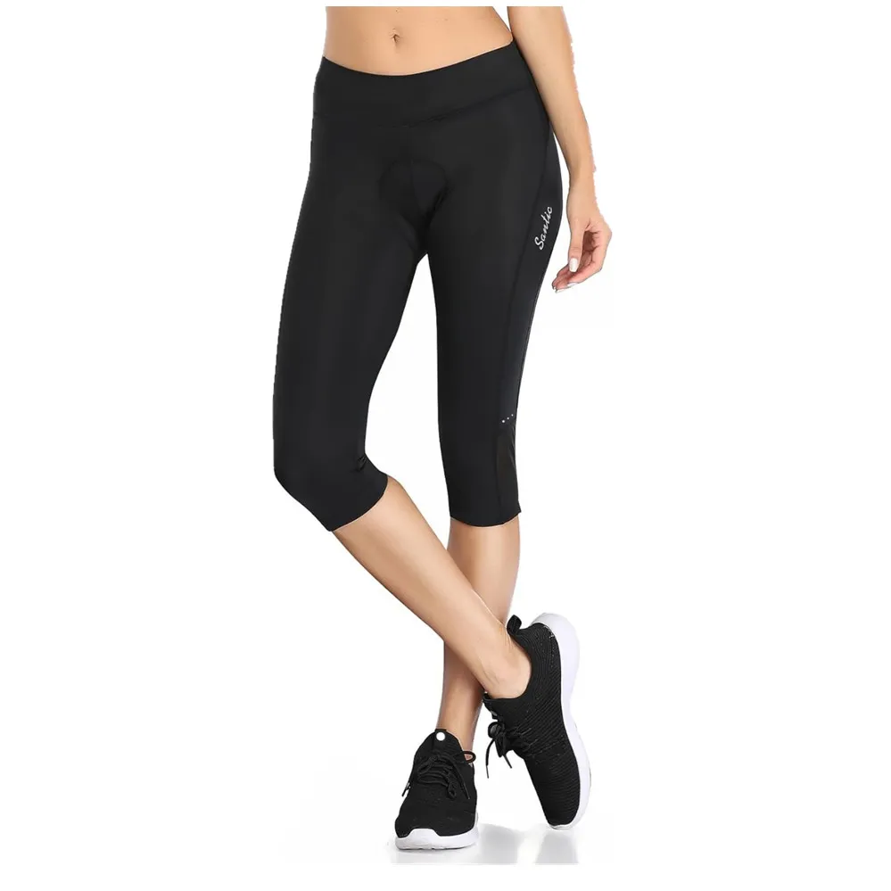 Roupas de Ciclismo Femininas com Cintura Alta 4D Capris Almofadados 7/8 Calças de Ciclismo com Bolsos