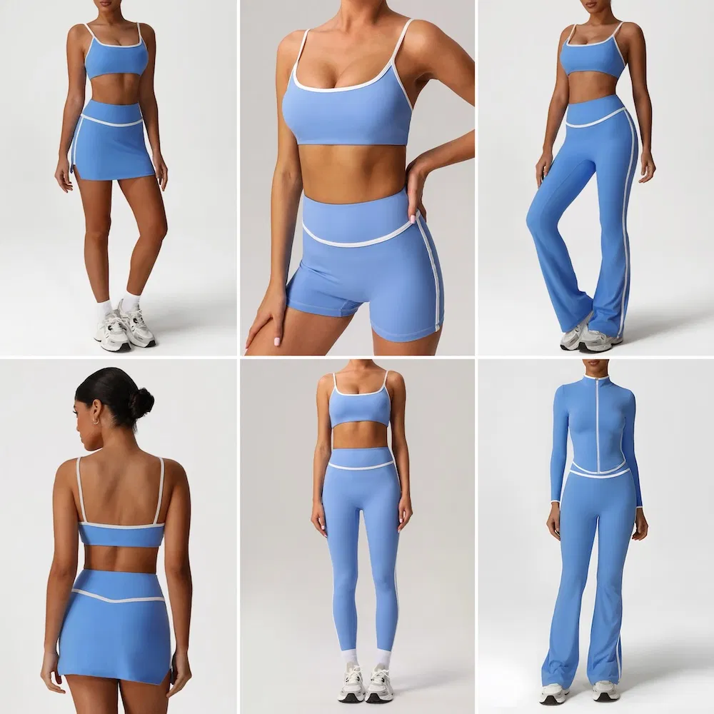 Conjuntos de Treino em Patchwork por Atacado 6 Roupas de Yoga com Compressão Listradas para Mulheres, Conjuntos de Jogging Casuais e Elásticos, Roupas de Ginásio para Tênis, Vestuário Atlético