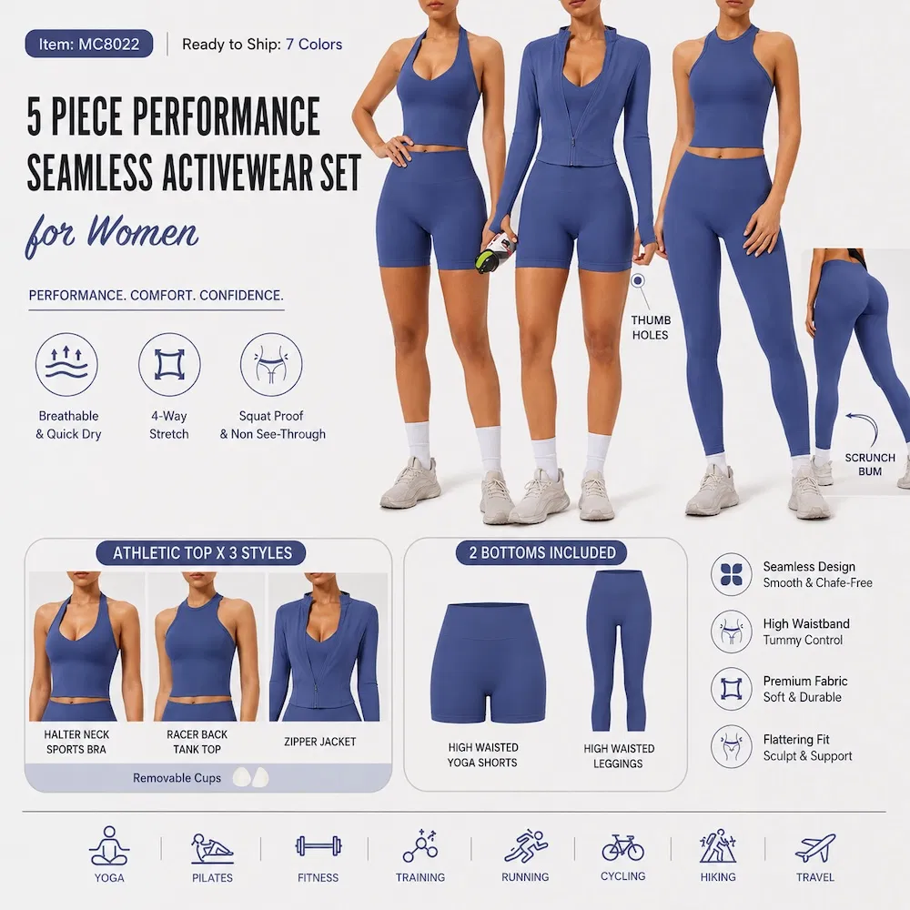 Personalize o Logotipo da Marca 5PCS Conjunto de Roupas Ativas Sem Costura para Mulheres, Tops de Yoga Fofos + Shorts Esportivos de Cintura Alta + Leggings + Jaqueta Esportiva Roupas de Academia