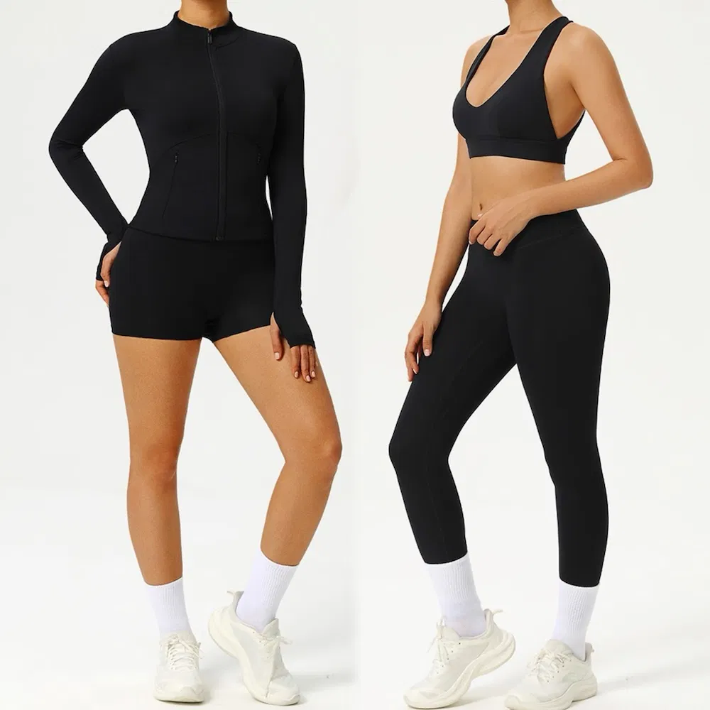 Tianchen Novo Design 4PCS Roupas de Exercício Elegantes e Funcionais para Mulher, Shorts de Corrida Levantadores de Quadril + Leggings + Sutiã Esportivo + Jaqueta de Yoga Conjunto de Roupas de Exercício Chiques