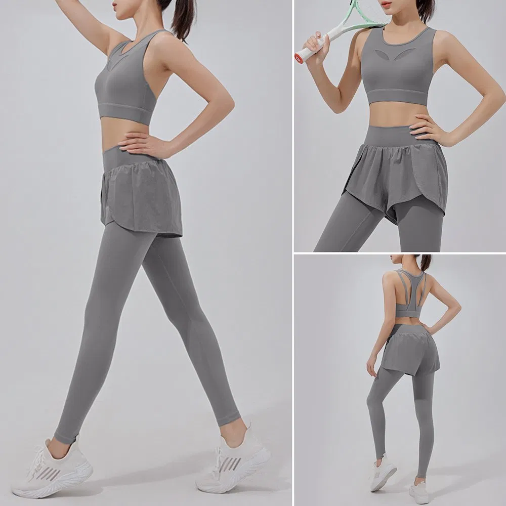 Roupas de Treinamento Diárias de Modelagem Corporal por Atacado 2PCS para Mulheres, Personalizar Impressão de Logo, Sutiã Esportivo de Alto Impacto e Conjuntos de Leggings com Saia para Exercícios