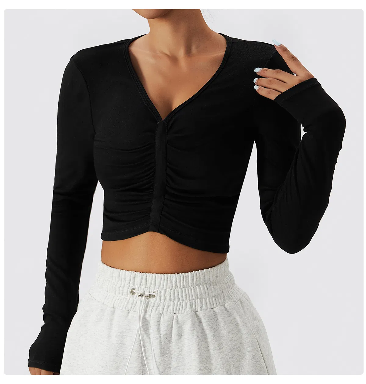 Camiseta de treino feminina de manga longa, cropped, canelada, respirável, para yoga, roupa de fitness, blusa de academia, top de corrida, suéter