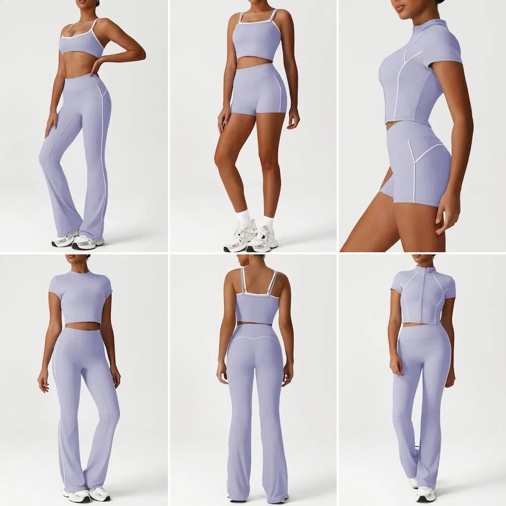 Roupas esportivas coloridas e modernas 6PCS para mulheres, blusa de yoga estilosa + shorts de ginástica de cintura alta + calças de treino flare para levantamento de quadril