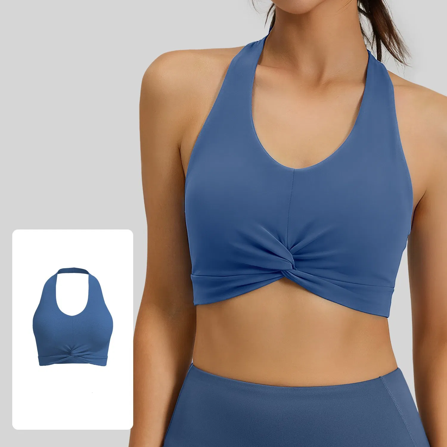 Roupas de treino sexy sem costas para fabricação original, sutiã esportivo com almofadas removíveis, blusa de exercício halter de nylon e spandex premium para mulheres