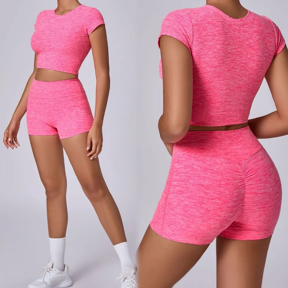 Novos Conjuntos de Roupas de Academia de Compressão Premium e Macias para Mulheres, Camisetas de Corrida de Duas Peças com Shorts de Cintura Alta para Treino Conjuntos de Roupas Ativas de Verão 2PCS