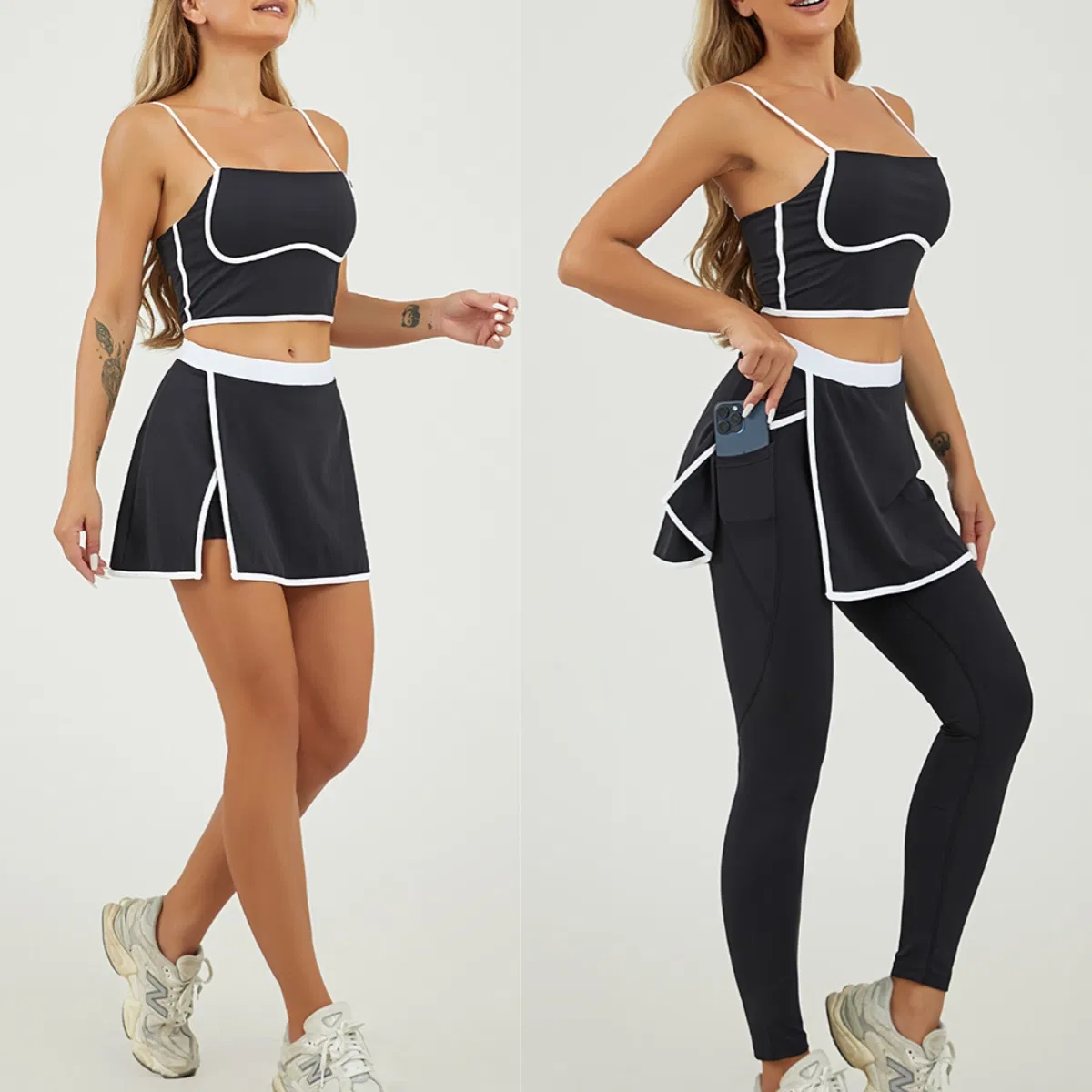 Nova Tendência 3PCS Roupas de Esporte em Cores Patchwork para Mulheres, Top Esportivo Fofo + Saias de Tênis + Leggings com Saia e Bolso Conjuntos de Roupas Ativas Coordenadas