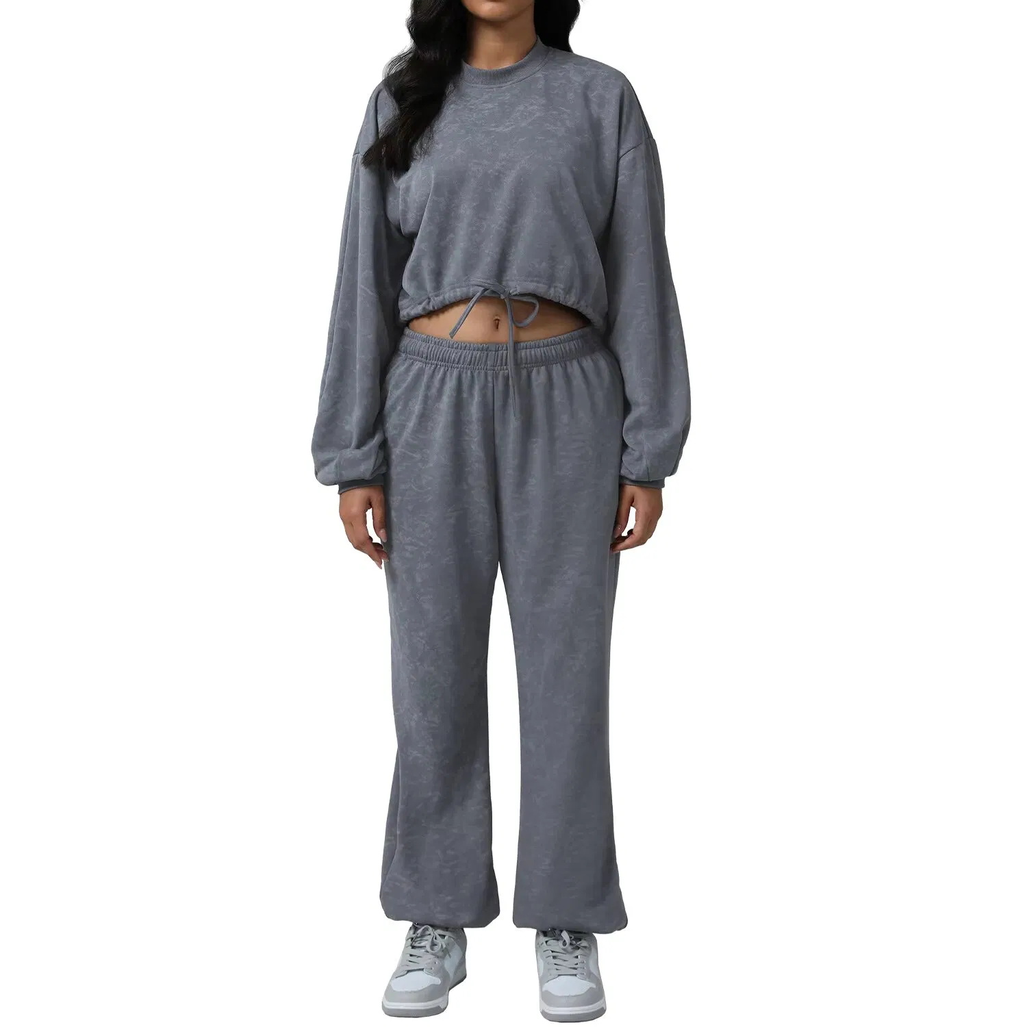 Conjunto de Fitness com Moletom Estampado de Manga Longa e Gola Redonda, Calças Cuffadas de Cintura Alta, Roupas de Academia Respirável e que Absorvem a Umidade