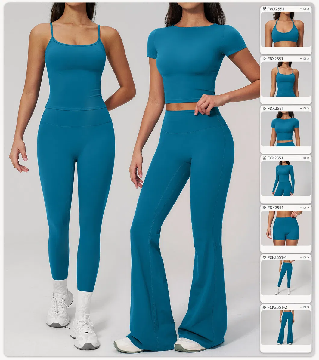 Roupas de Atividade Física Femininas Atacado, Roupas de Exercício, Roupas de Yoga com Sutiã/Camisetas, Shorts Justos, Leggings, Calças Flare
