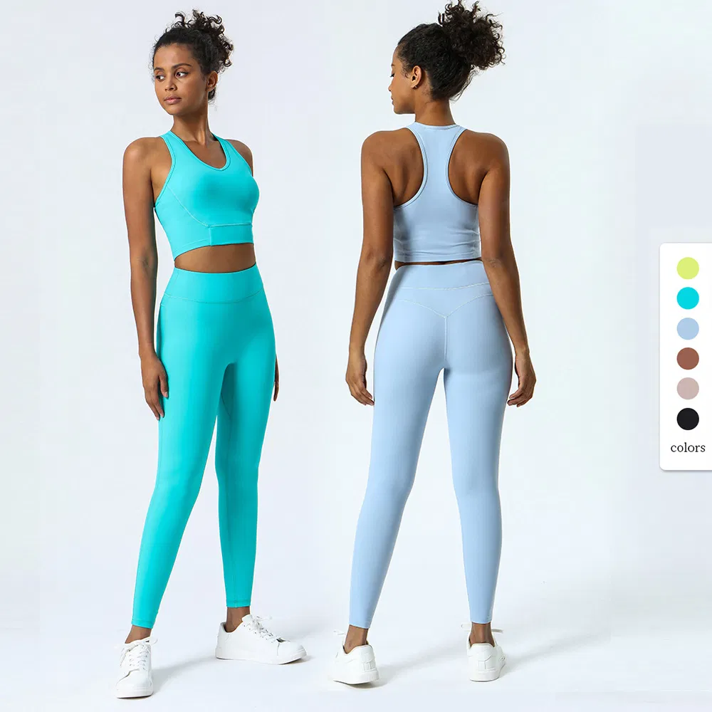 Conjunto de Top Sem Mangas e Leggings para Mulheres com Design de Malha Respirável para Yoga e Corrida