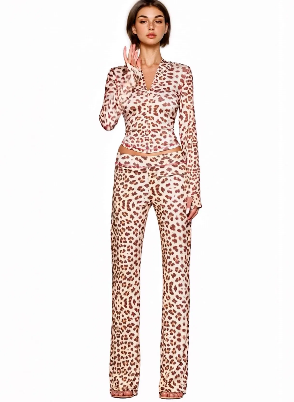 Conjunto de Roupa Casual Feminina de Esporte com Jaqueta de Capuz e Calças Flare em Estampa de Leopardo de Poliéster 2 Peça para Primavera