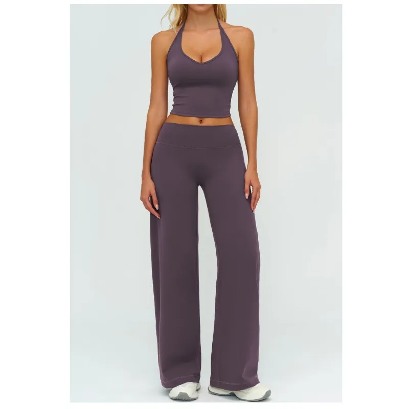 Colete de Yoga Feminino Fitness V-Neck Halter Neck Sutiã de Yoga Ajustado Moda Colete Esportivo Calças Longas de Perna Larga Roupas de Academia