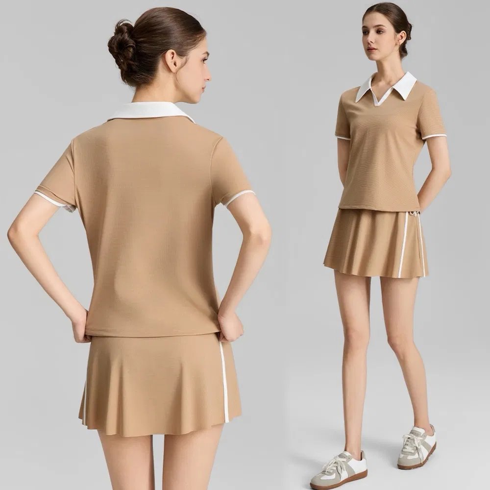 Último Design 2 Peça de Roupas Esportivas de Alto Desempenho para Mulher, Camisetas de Treino com Decote em V em Cores Contrastantes com Saia de Tênis de Secagem Rápida, Roupas de Golfe Fashionáveis