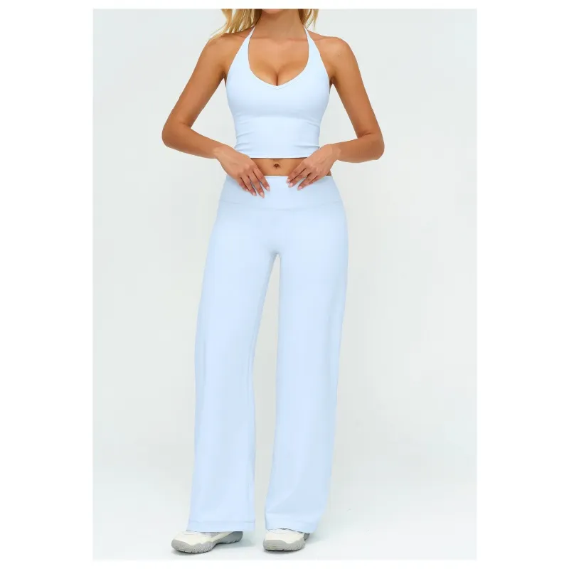 Colete de Yoga Feminino Fitness V-Neck Halter Neck Sutiã de Yoga Ajustado Moda Colete Esportivo Calças Longas de Perna Larga Roupas de Academia