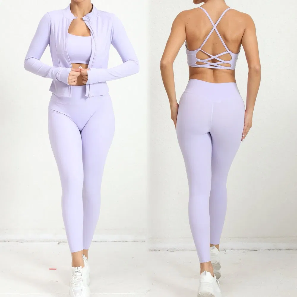Personalize o Logotipo 3PCS Roupas Casuais Sexy e Quentes para Esportes, Casaco de Fitness de Manga Longa + Sutiã de Yoga com Costas Strappy + Conjunto de Leggings de Ginástica
