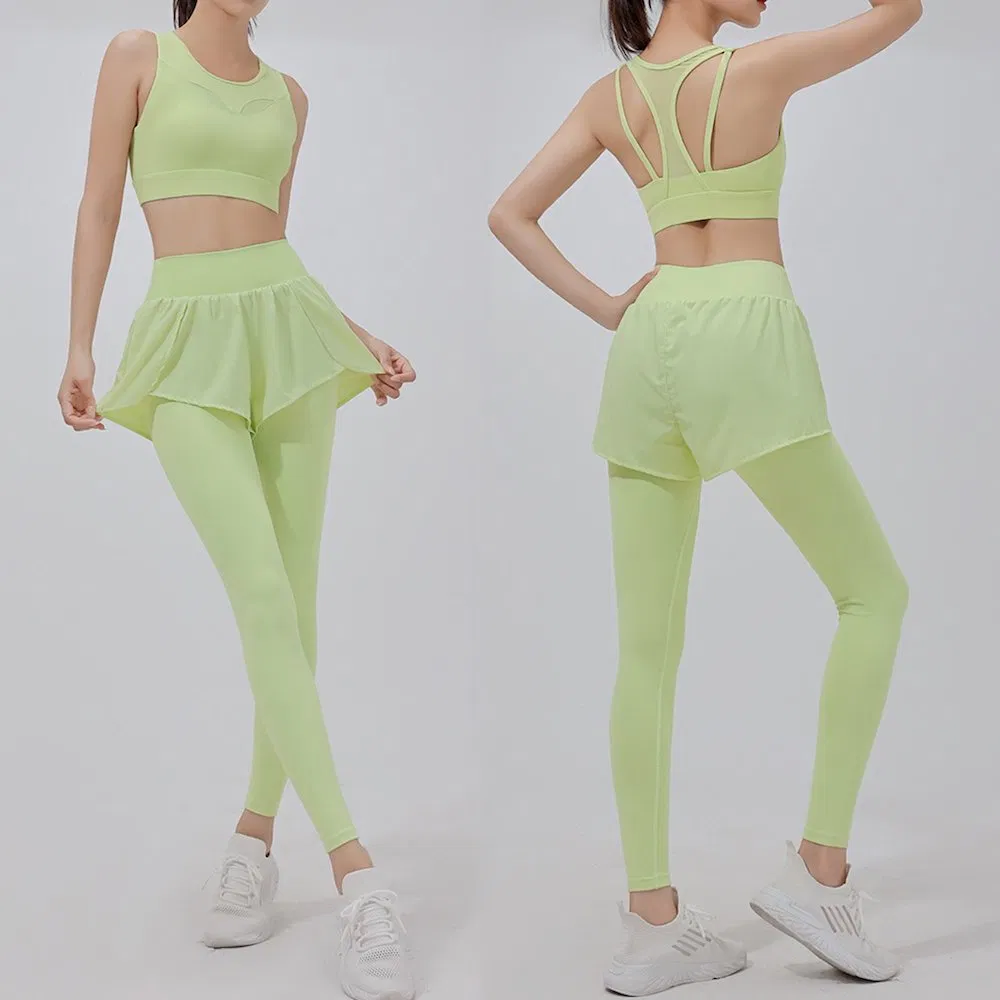 Roupas de Treinamento Diárias de Modelagem Corporal por Atacado 2PCS para Mulheres, Personalizar Impressão de Logo, Sutiã Esportivo de Alto Impacto e Conjuntos de Leggings com Saia para Exercícios