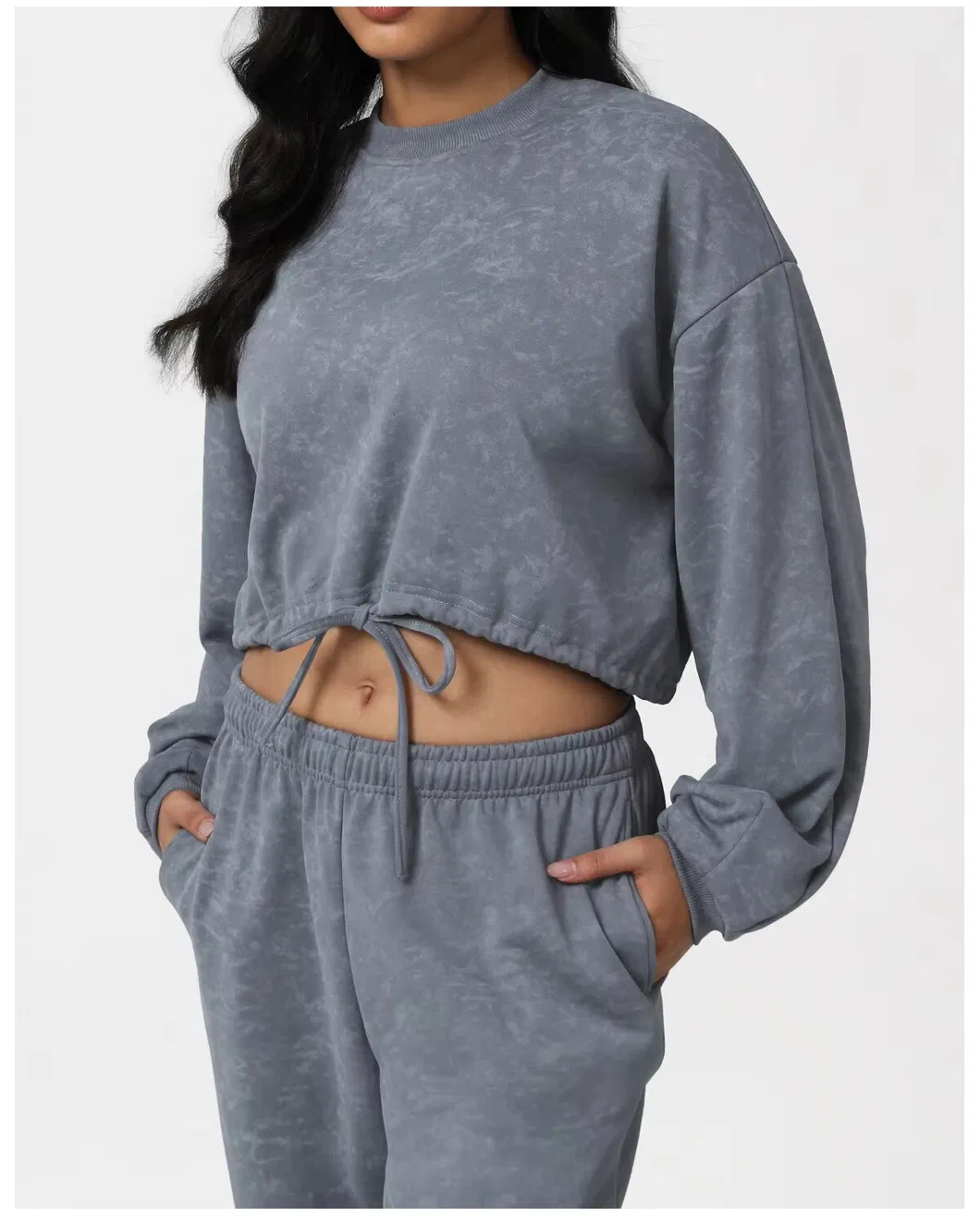 Conjunto de Fitness com Moletom Estampado de Manga Longa e Gola Redonda, Calças Cuffadas de Cintura Alta, Roupas de Academia Respirável e que Absorvem a Umidade