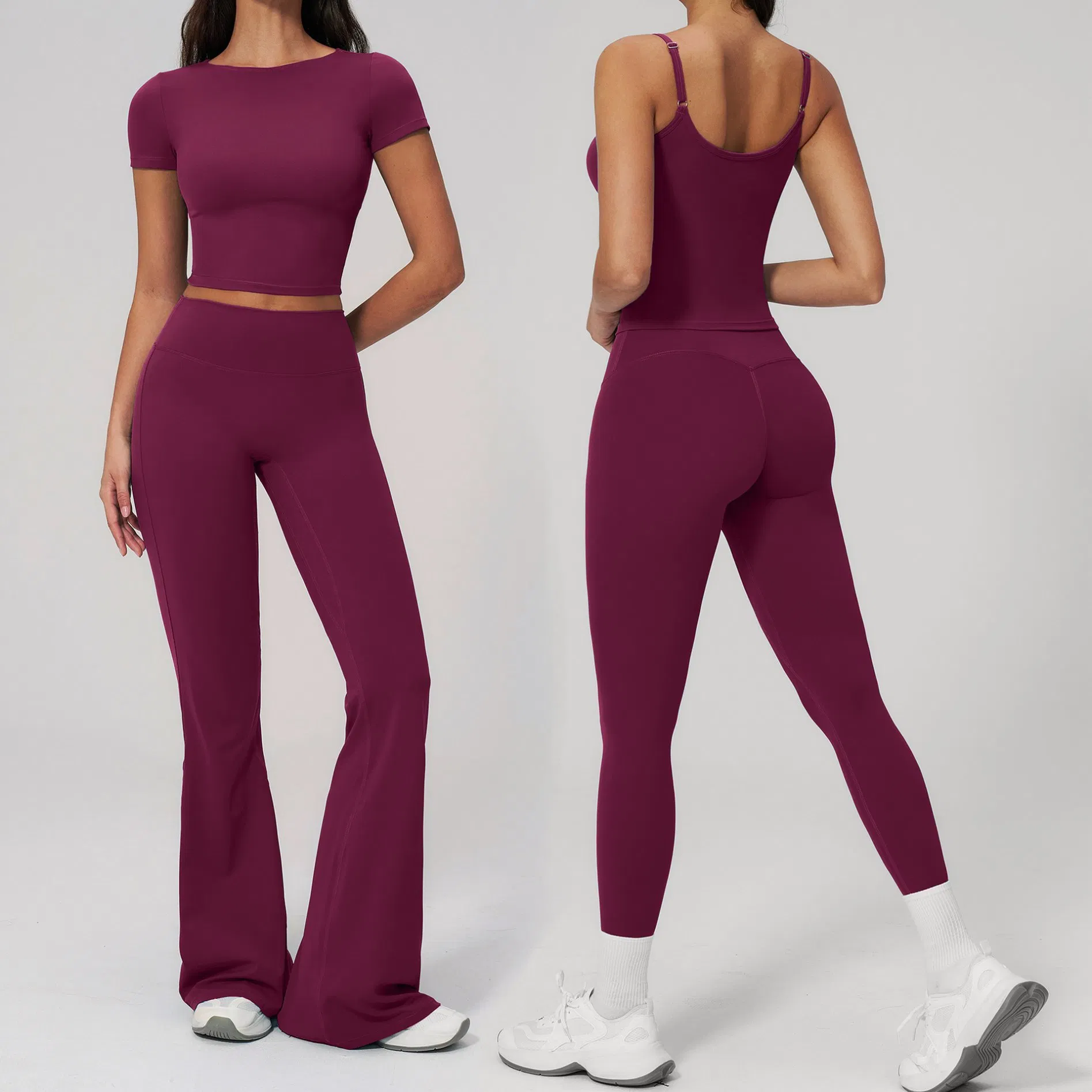 Roupas de Atividade Física Femininas Atacado, Roupas de Exercício, Roupas de Yoga com Sutiã/Camisetas, Shorts Justos, Leggings, Calças Flare