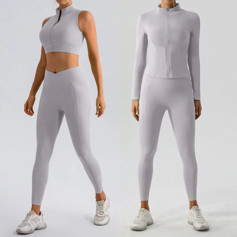 Nova Chegada 3PCS Roupas Casuais Slim Fit para Atividades Físicas, Conjunto de Roupas de Exercício para Mulheres, Top de Academia Personalizado + Jaqueta de Corrida + Calças de Yoga