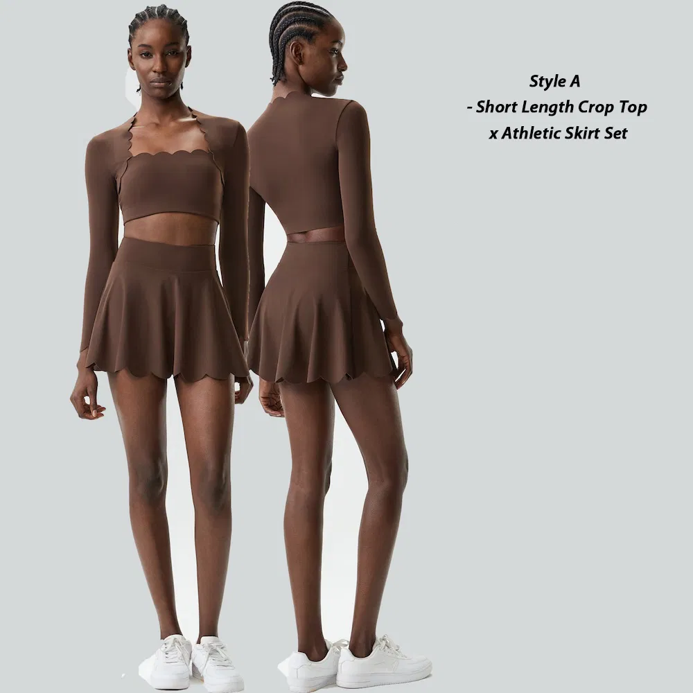 Novas Roupas de Tênis em Duas Peças com Borda Ondulada para Mulheres, Blusa de Manga Longa com Almofadas de Sutiã + Conjunto de Saias de Golfe com Cintura Alta e Babados para Roupas de Pickleball
