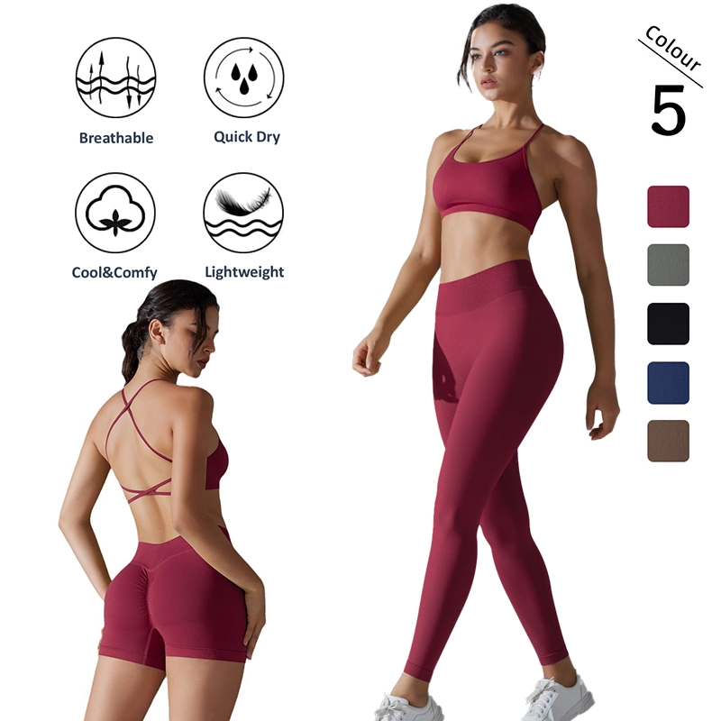 Atacado 3PCS Roupas de Ginástica Sexy Ropa De Yoga para Mulheres, Sutiã Esportivo Personalizado com Costas Cruzadas + Shorts Booty com Costas em V + Leggings de Fitness Sem Costura Roupas Ativas