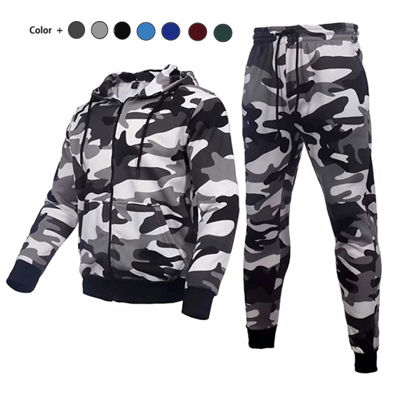 Conjunto de Treino Ativo Camo OEM e ODM de Duas Peças com Capuz, Conjunto de Roupas de Suor por Atacado, Conjuntos Personalizados para Traje de Corrida