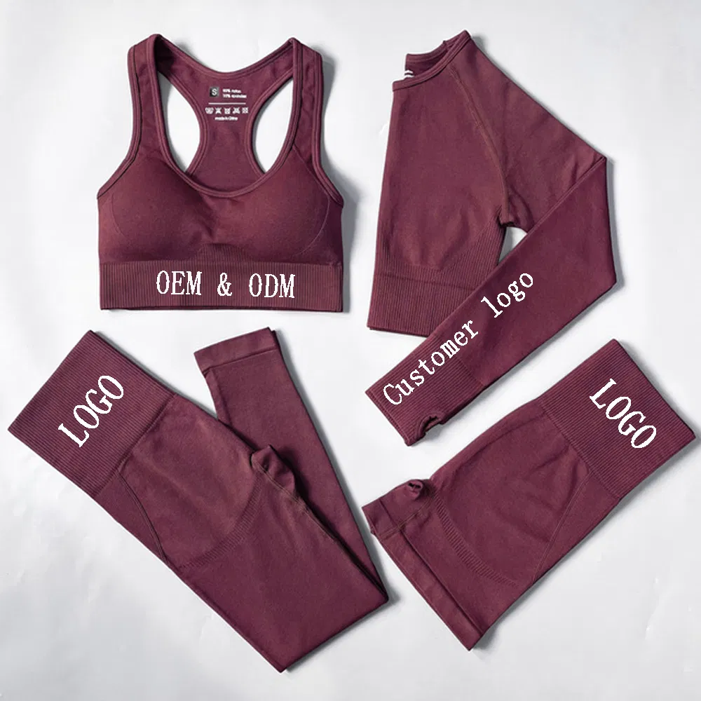Conjunto de Atividades Sem Costura para Esportes Atacado 4PCS Conjuntos de Yoga e Fitness de Manga Longa para Mulheres Roupas de Esporte