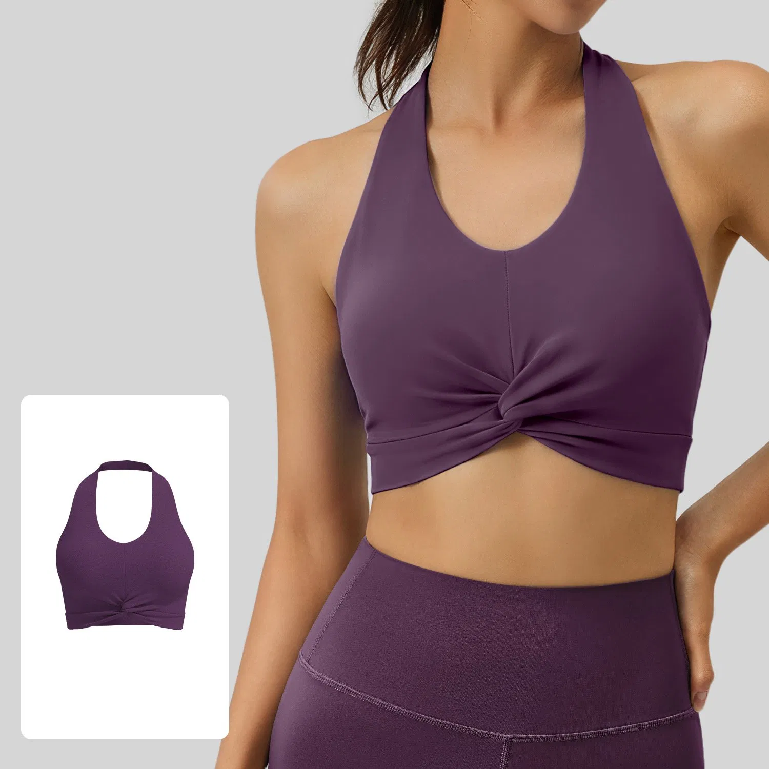 Roupas de treino sexy sem costas para fabricação original, sutiã esportivo com almofadas removíveis, blusa de exercício halter de nylon e spandex premium para mulheres