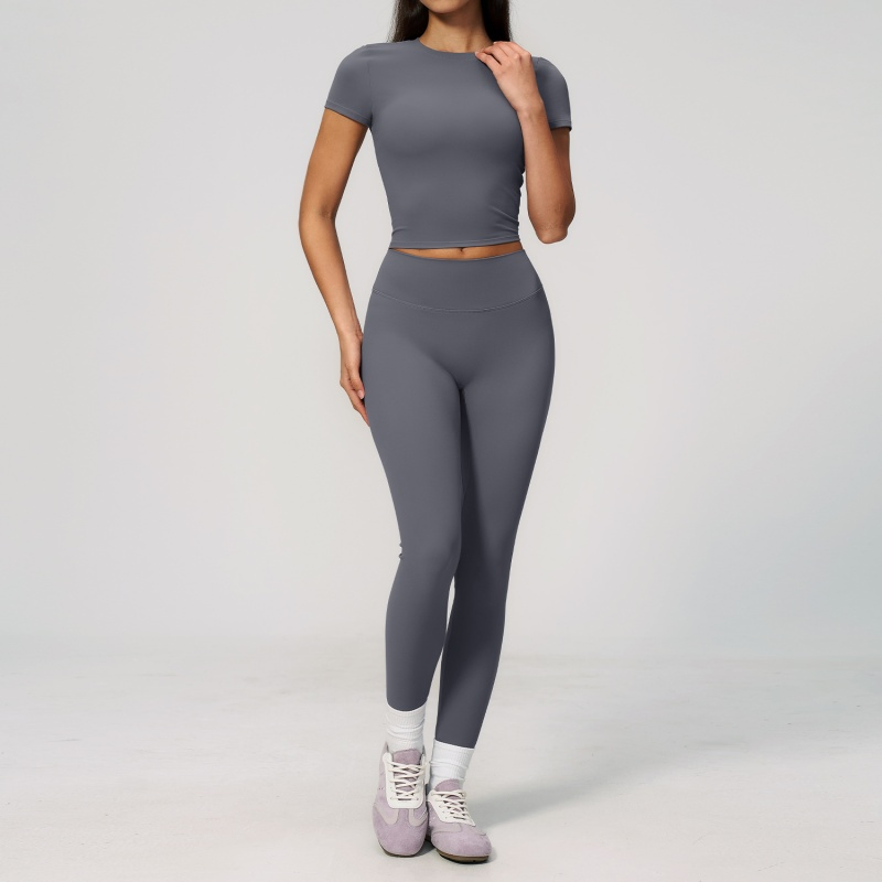 Roupas de Moda Fitness, Roupas Esportivas, Leggings de Cintura Alta para Corrida e Blusa Justa de Gola Redonda