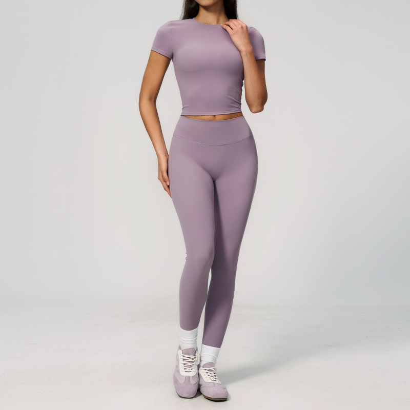 Roupas de Moda Fitness, Roupas Esportivas, Leggings de Cintura Alta para Corrida e Blusa Justa de Gola Redonda