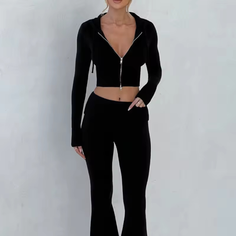Conjunto de moletom cropped slim fit de cor sólida personalizado por atacado, casual, duas peças, com zíper, moda esportiva para mulheres