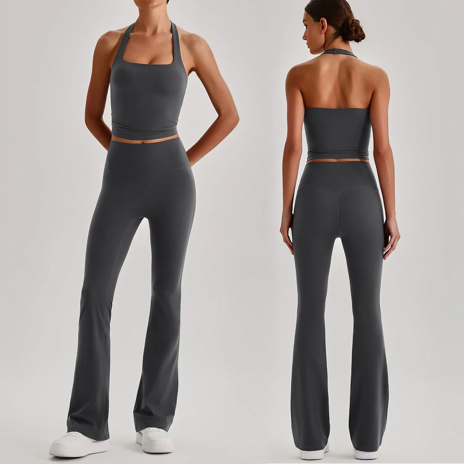 Conjunto de Yoga Feminino Personalizado de 2 Peças com Top Cropped de Decote Halter Costas Nuas e Leggings de Cintura Alta com Pernas Largas 4 Com Stretch de Duas Maneiras e Respirável para Treino na Academia