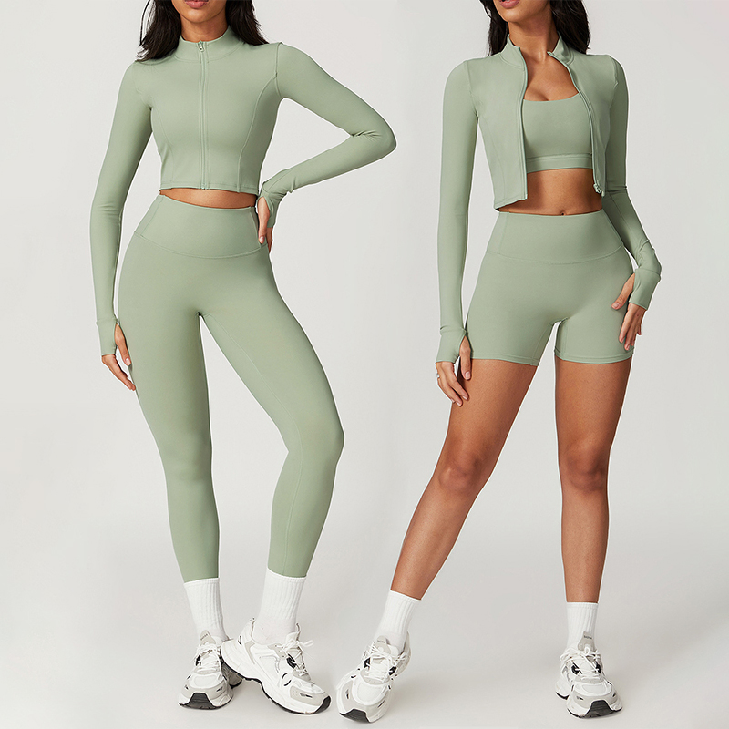 Logotipo Personalizado 4PCS Roupas de Ginástica para Mulheres, Sutiãs Esportivos de Alto Impacto + Jaqueta para Treino na Academia + Shorts Biker de Cintura Alta à Prova de Choque + Leggings